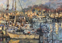 Oil painting of boats in a harbor