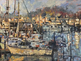 Featured Artwork: Cynthia Rosen Oil painting of boats in a harbor, by Cynthia Rosen