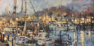 Oil painting of boats in a harbor