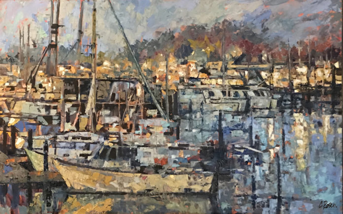 Oil painting of boats in a harbor