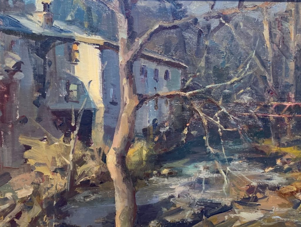 Oil painting of a historic mill
