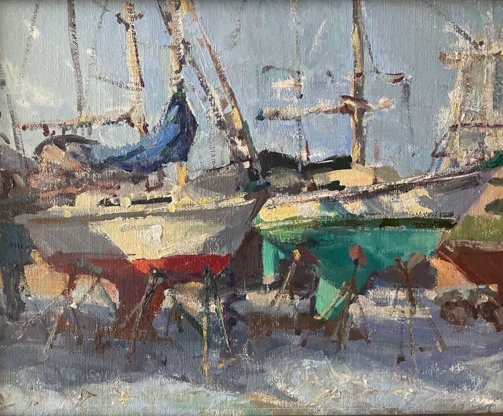 Plein air painting of boats