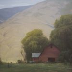 landscape oil painting composition; painting of a barn with mountains