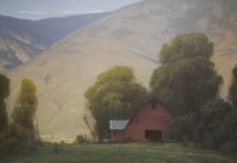 landscape oil painting composition; painting of a barn with mountains