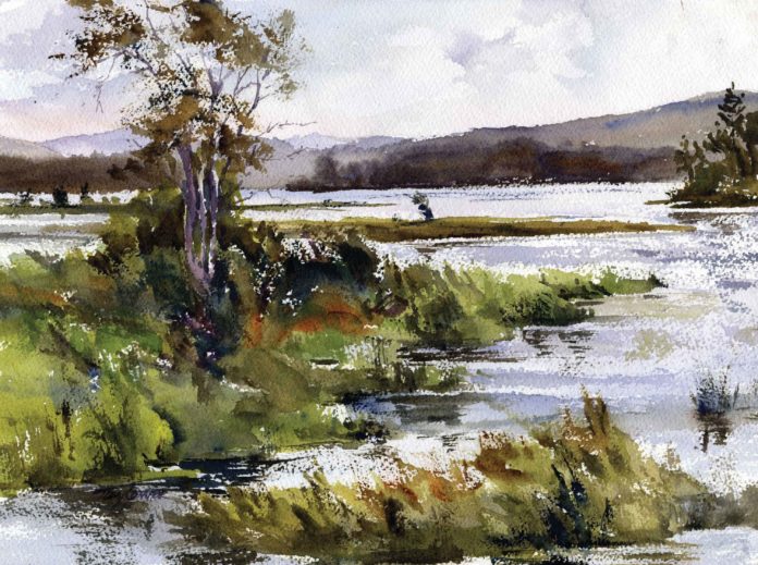 Watercolor painting of a river