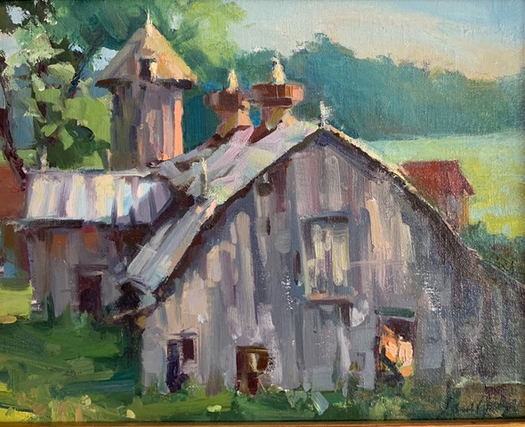 Oil painting of a barn