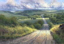 Pastel painting of country road over rolling hills