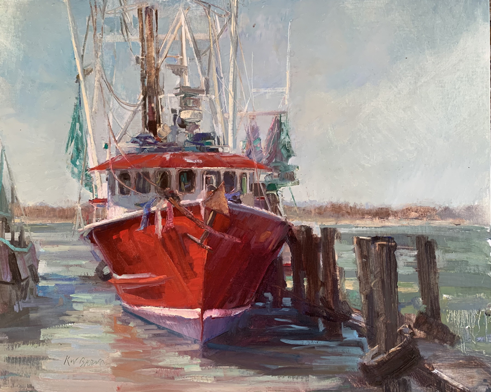 Oil painting of a bright red boat next to a dock