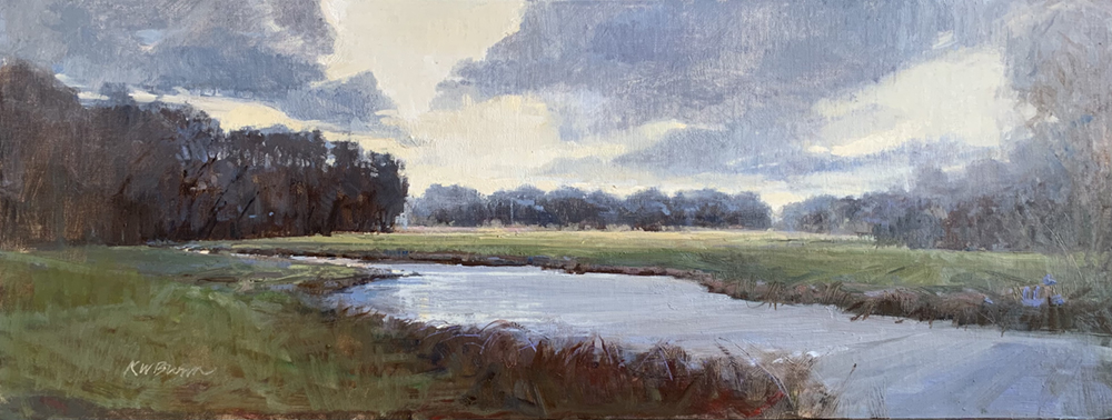 Oil painting of river in flatlands with trees in the background