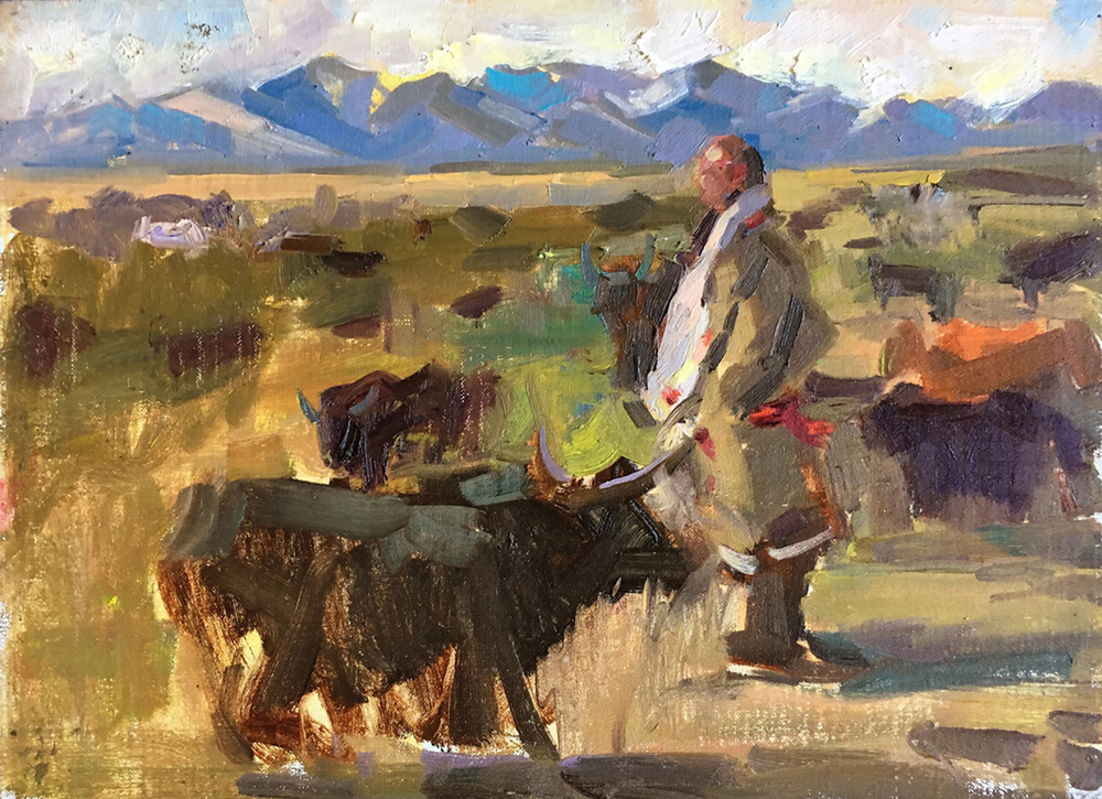 Oil painting of a man tending cows in Tibet with mountains in the background