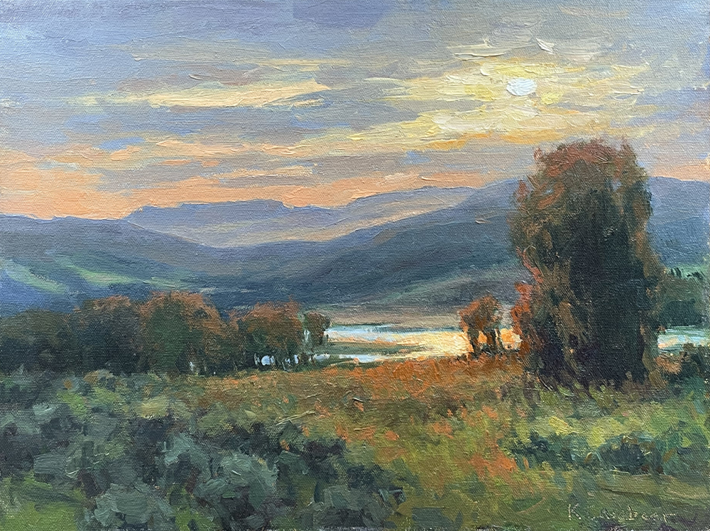 Oil painting of river with grassland in the foreground and mountains in the background