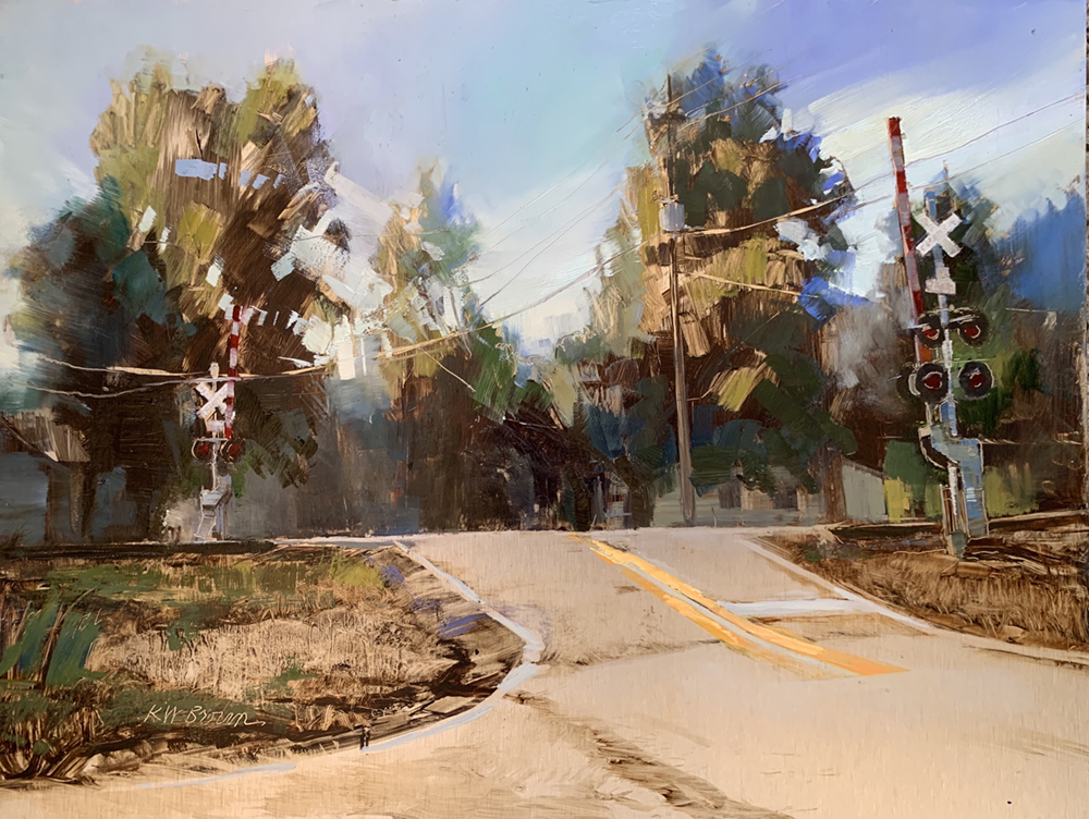 Oil painting of a road at a railroad crossing with trees in the background