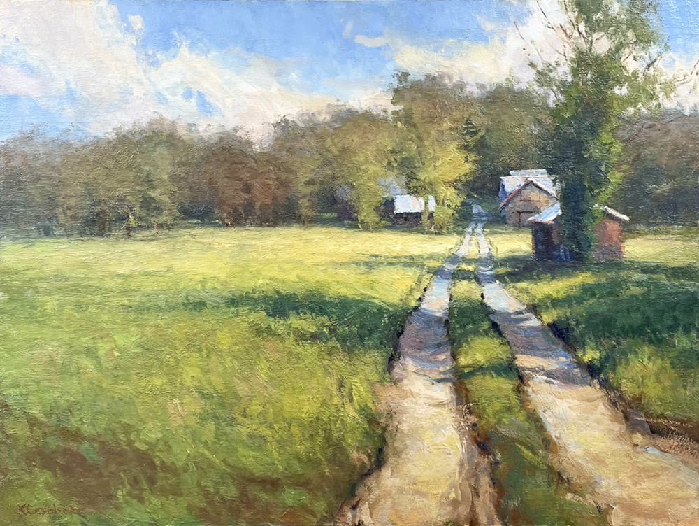Oil painting of dirt road to a farmhouse in the trees