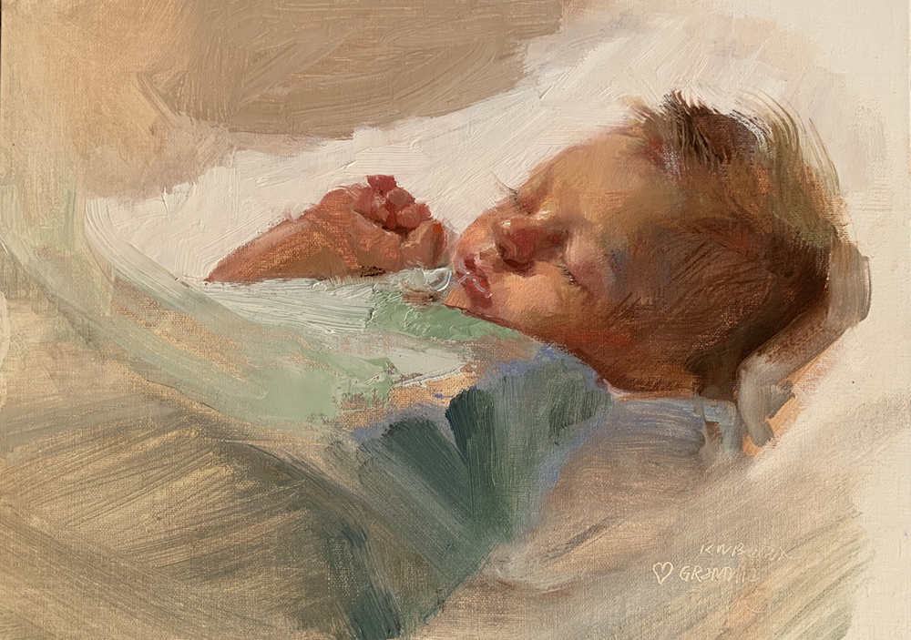 Oil painting of a baby boy in a green blanket