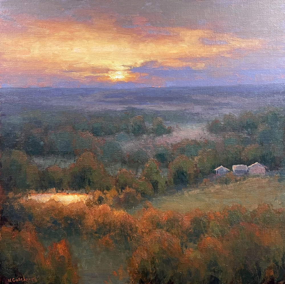 Oil painting of hills covered in fall trees and a sunset