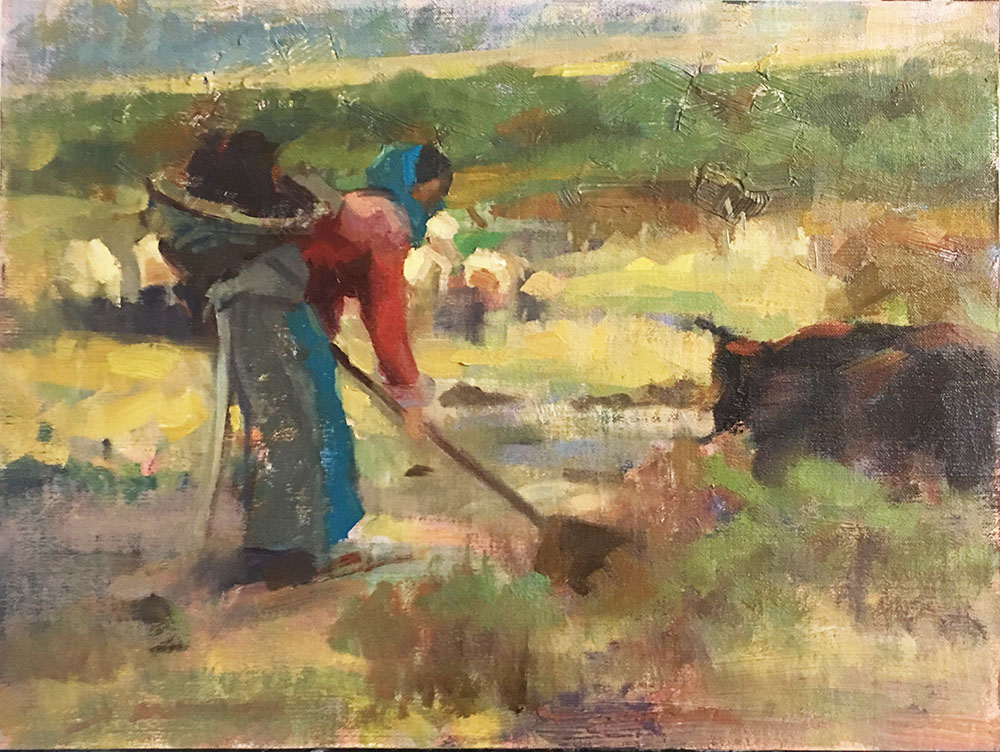 Oil painting of Tibetan woman working in a field