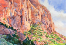 Watercolor painting of natural stone cathedral in Zion National Park
