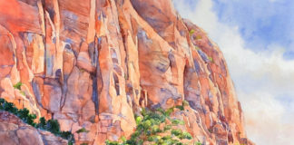 Watercolor painting of natural stone cathedral in Zion National Park