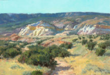 Oil painting of white cliffs in the distance, grasses and a path in the foreground