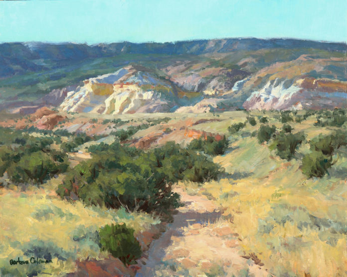 Oil painting of white cliffs in the distance, grasses and a path in the foreground