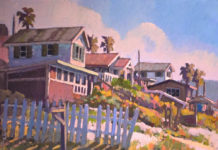 Oi painting of homes near a beach