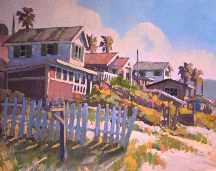 Oi painting of homes near a beach