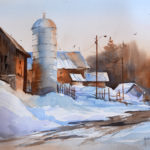 Watercolor painting of a barn, silo and farmstead in winter