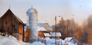 Watercolor painting of a barn, silo and farmstead in winter