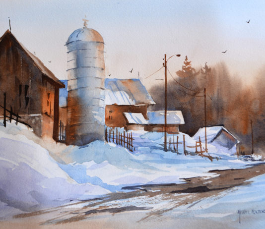 Watercolor painting of a barn, silo and farmstead in winter
