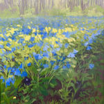 Oil painting of Virginia bluebell flowers and two crows hiding in the foreground