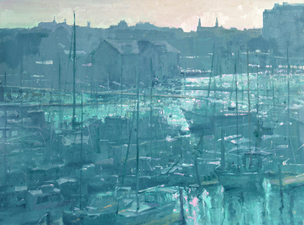 Tonal painting of a boat harbor