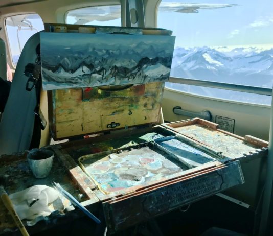 William Wood - painting in an airplane