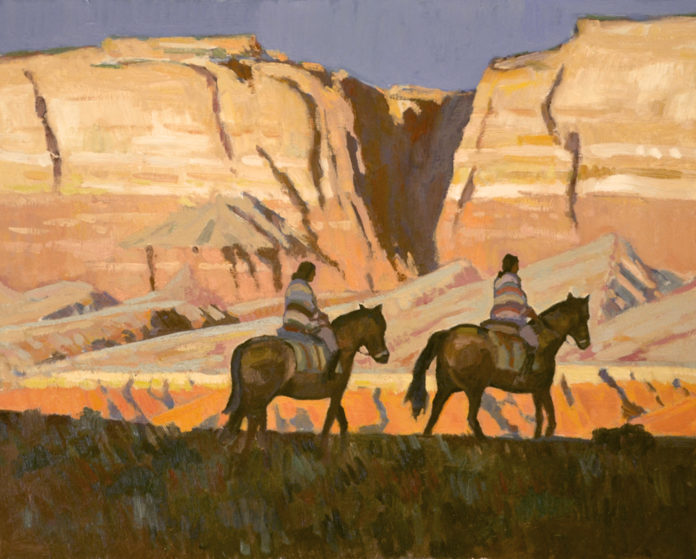 Oil painting of riders on horseback near red rock formations