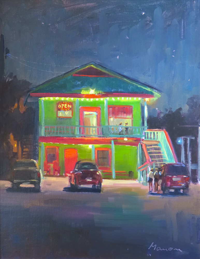 Oil painting of a brightly lit two story ice cream shop at night