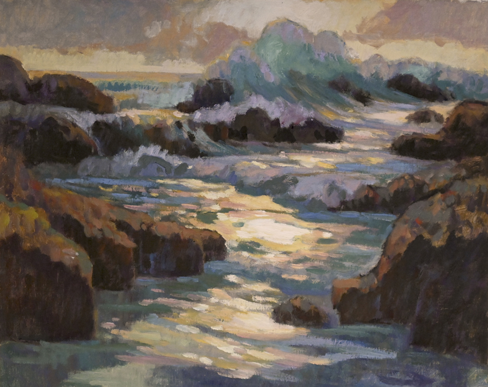 Oil painting of waves crashing on rocks