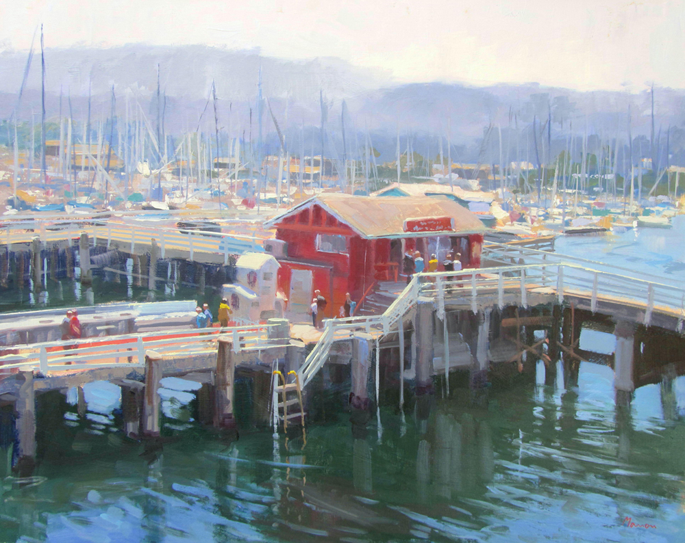 Oil painting of a building on a pier in a marina