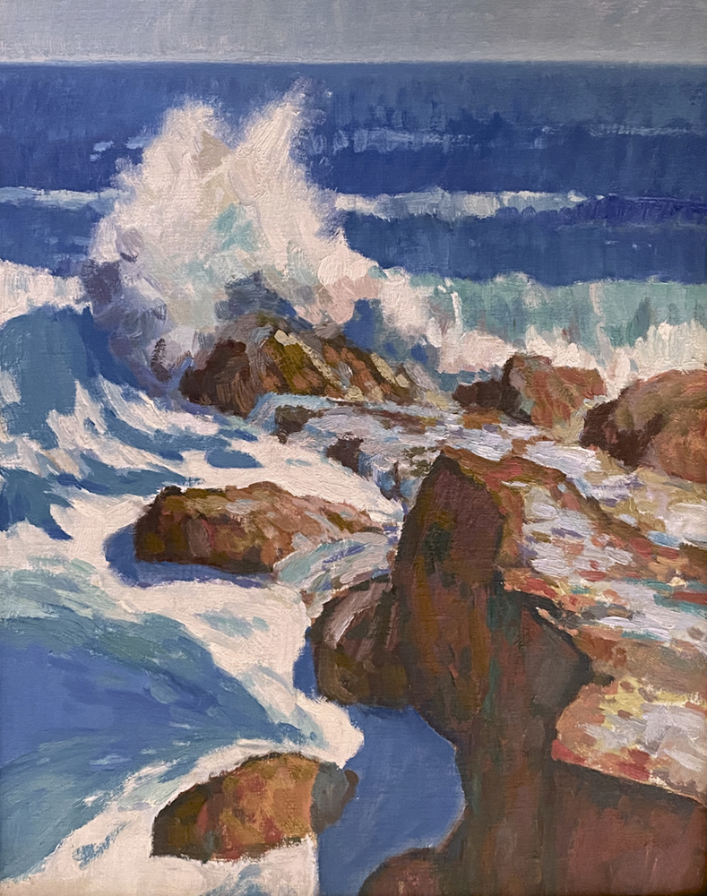 Oil painting of ocean waves crashing on rocks