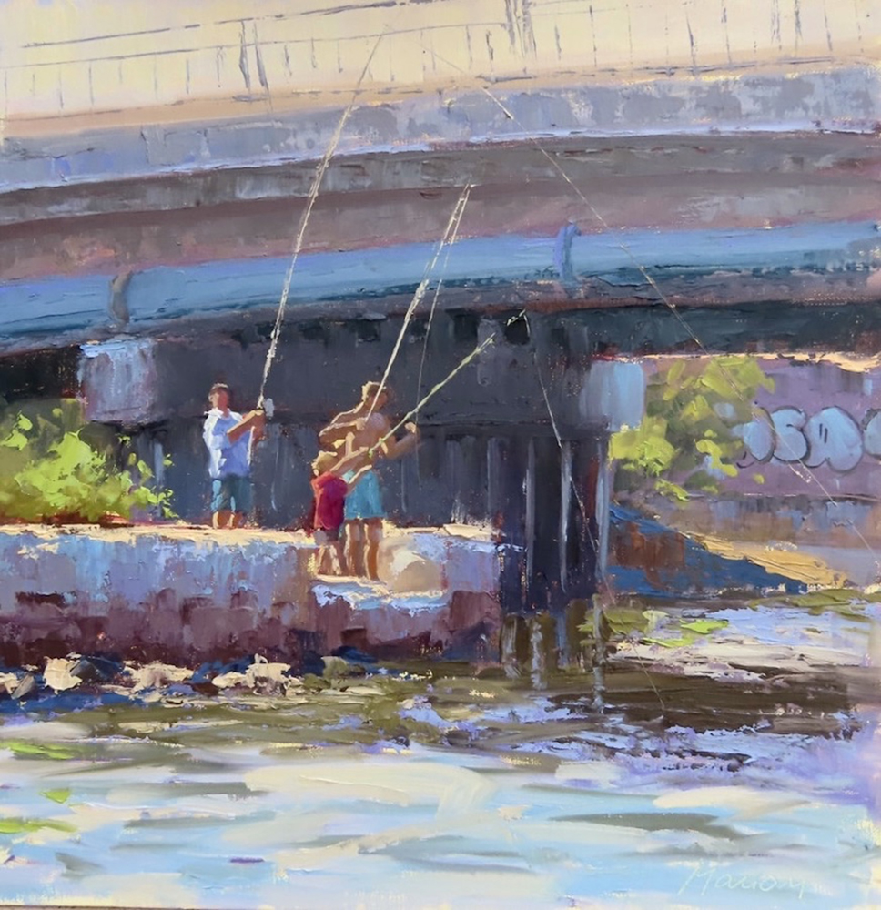 Oil painting of people fishing under a bridge