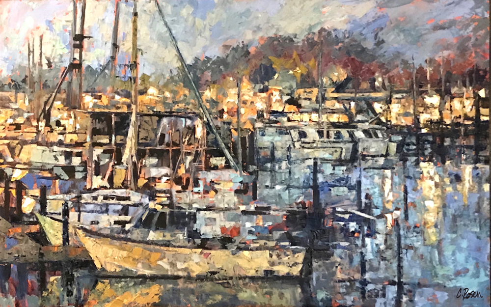 Oil painting of boats in a harbor