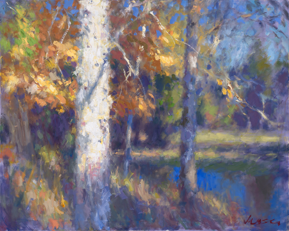 Oil painting of trees in fall near a lake