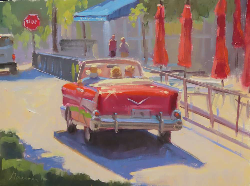 Oil painting of a red classic car driving by closed red umbrellas
