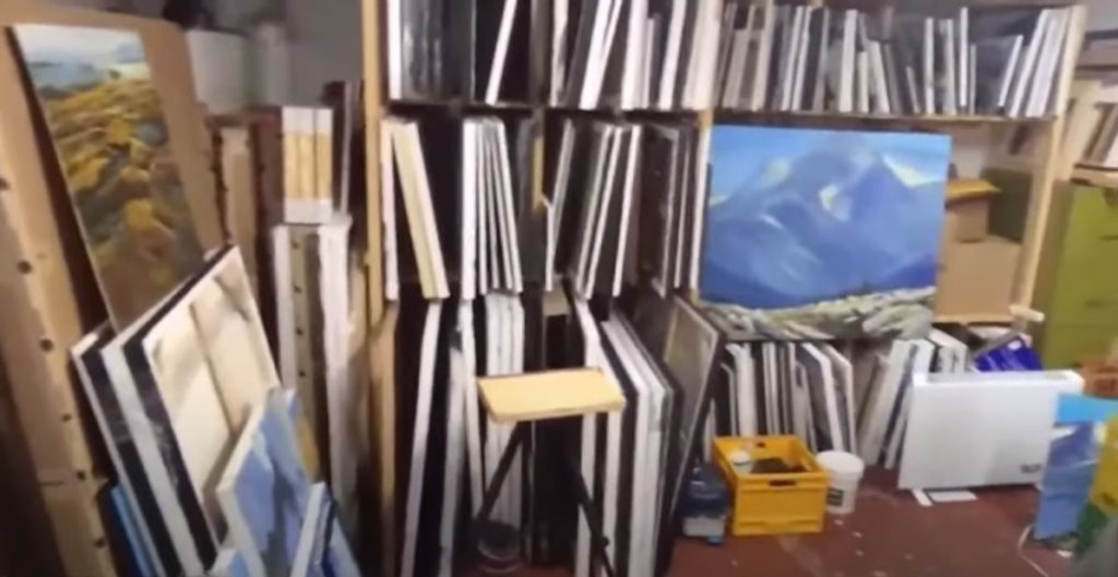 A glimpse inside Charlie's studio with acrylic paintings