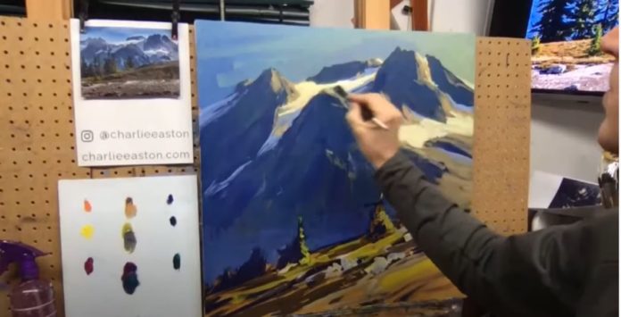 A scene from Charlie Easton's acrylic landscape painting demo