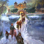 Oil painting of a pilgrimage to a church in Taos, NM