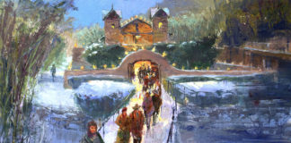 Oil painting of a pilgrimage to a church in Taos, NM
