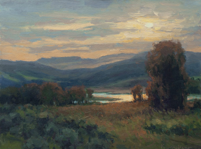 Oil painting of a river valley at sunset