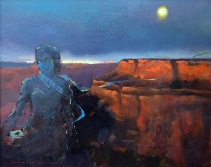 Oil painting of visitor to the Grand Canyon wearing a face mask during Covid-19 pandemic