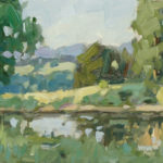 Oil painting of a green landscape with trees and a pond
