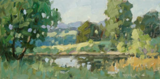 Oil painting of a green landscape with trees and a pond