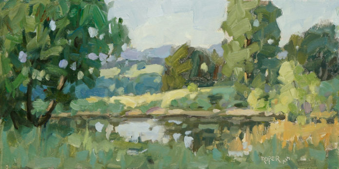 Oil painting of a green landscape with trees and a pond